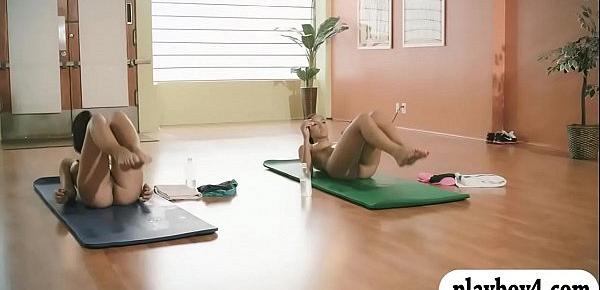  Sexy women and trainer hot yoga session while naked